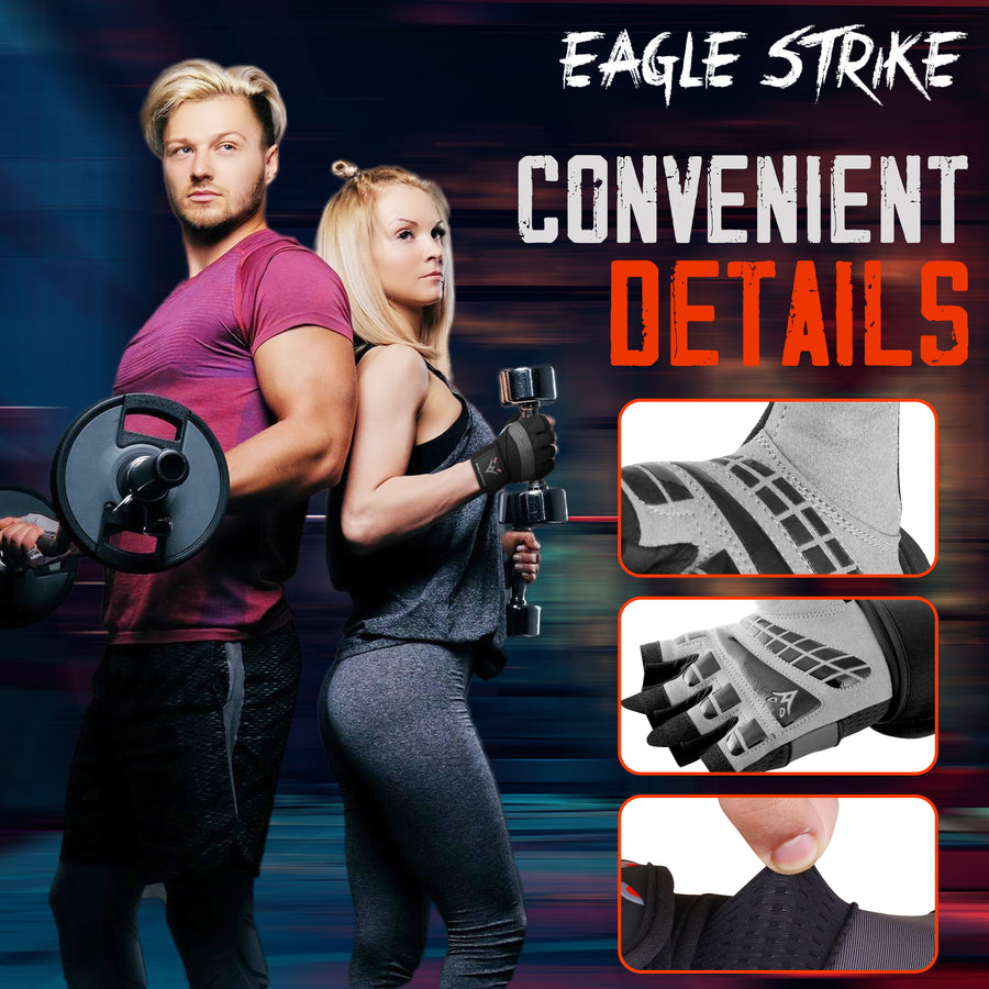 Eagle Strike 2024 Lightweight Padded Workout Gloves – Full Protection with Wrist Support Strap, Silicone Grip Palm – Breathable Gym Gloves for Men & Women