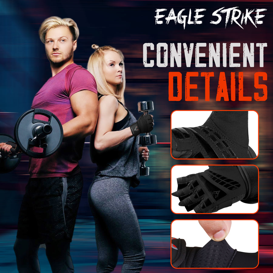 Eagle Strike 2024 Lightweight Padded Workout Gloves – Full Protection with Wrist Support Strap, Silicone Grip Palm – Breathable Gym Gloves for Men & Women All Black