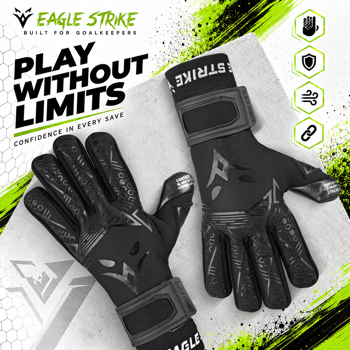 Eagle Strike Goalie Gloves – Negative Cut, German Contact Grip Latex - Black