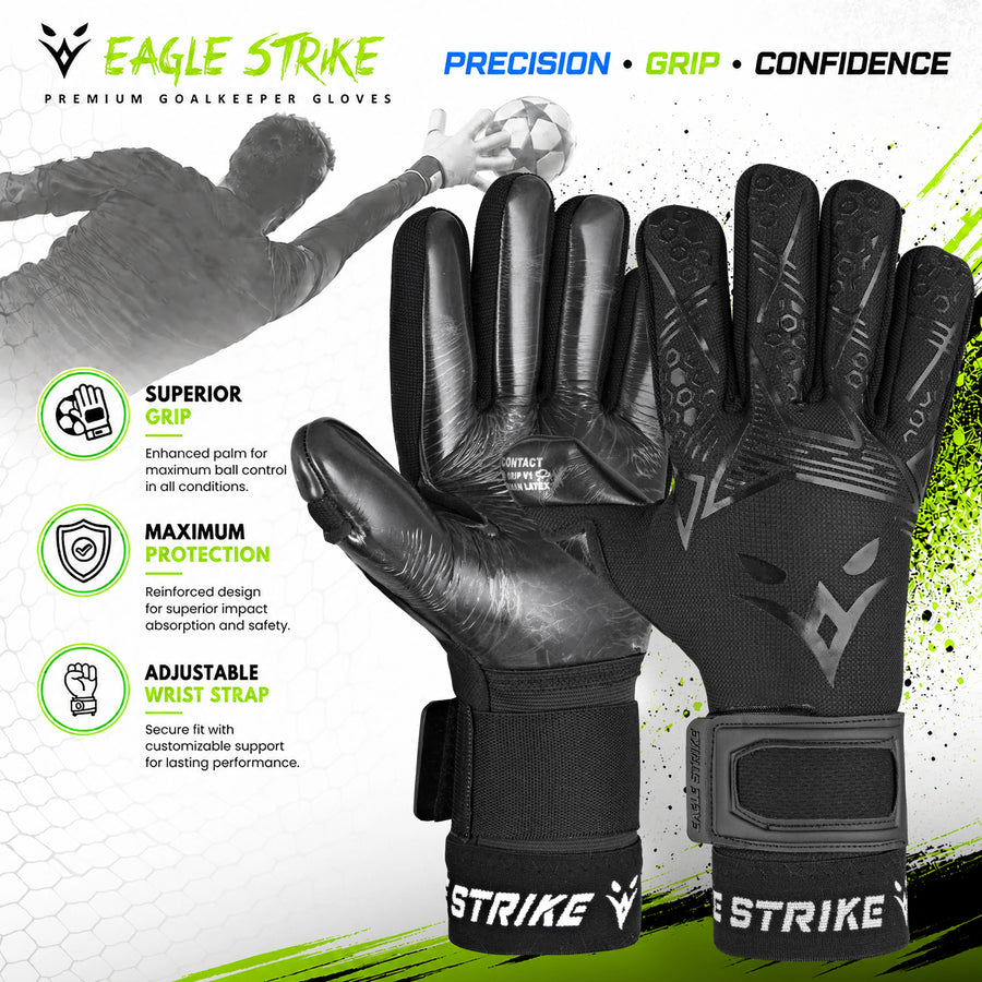 Eagle Strike Goalie Gloves – Negative Cut, German Contact Grip Latex - Black