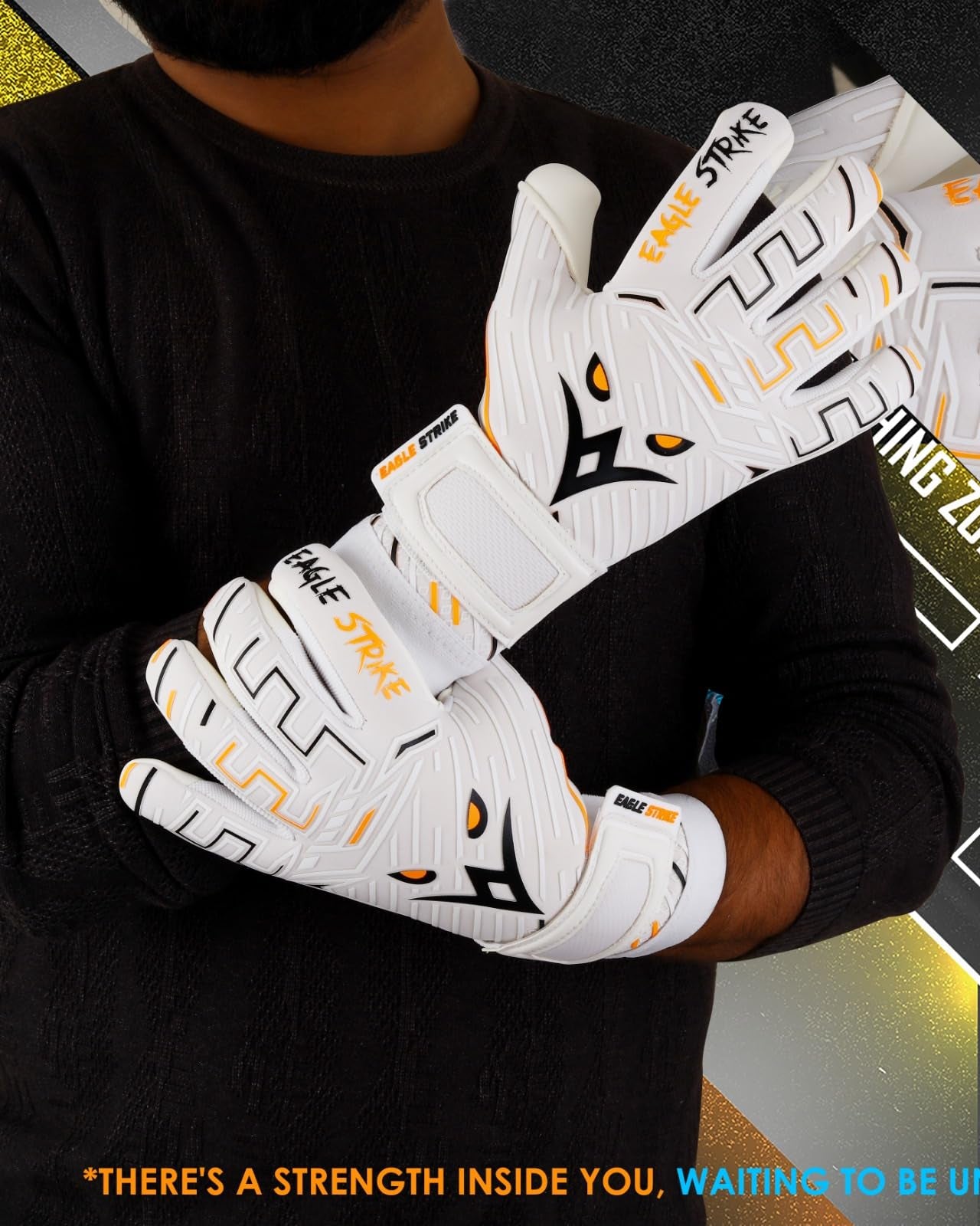 Person wearing white gloves with black and orange accents, holding them in front of a dark background.