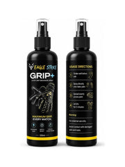 Two black spray bottles of Eagle Strike Grip+ latex grip enhancer shown side by side on a white background, with one bottle displaying the product branding and the other showing the usage directions.