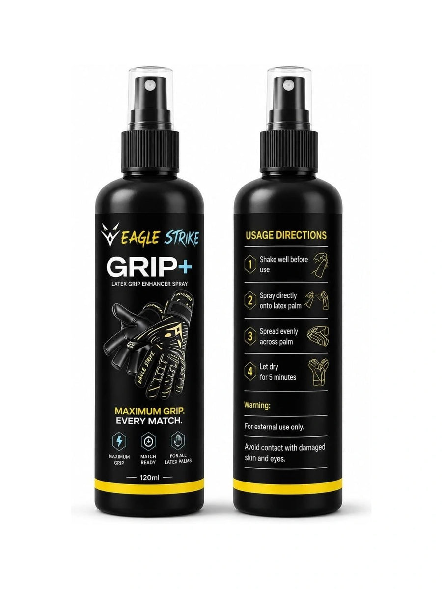 Two black spray bottles of Eagle Strike Grip+ latex grip enhancer shown side by side on a white background, with one bottle displaying the product branding and the other showing the usage directions.