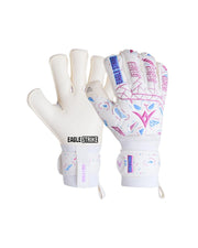 Goalkeeper Gloves – German Latex Grip, Finger Protection (White, Pink & Blue)