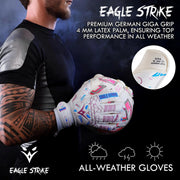 Goalkeeper Gloves – German Latex Grip, Finger Protection (White, Pink & Blue)