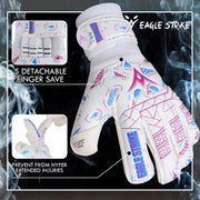 Goalkeeper Gloves – German Latex Grip, Finger Protection (White, Pink & Blue)