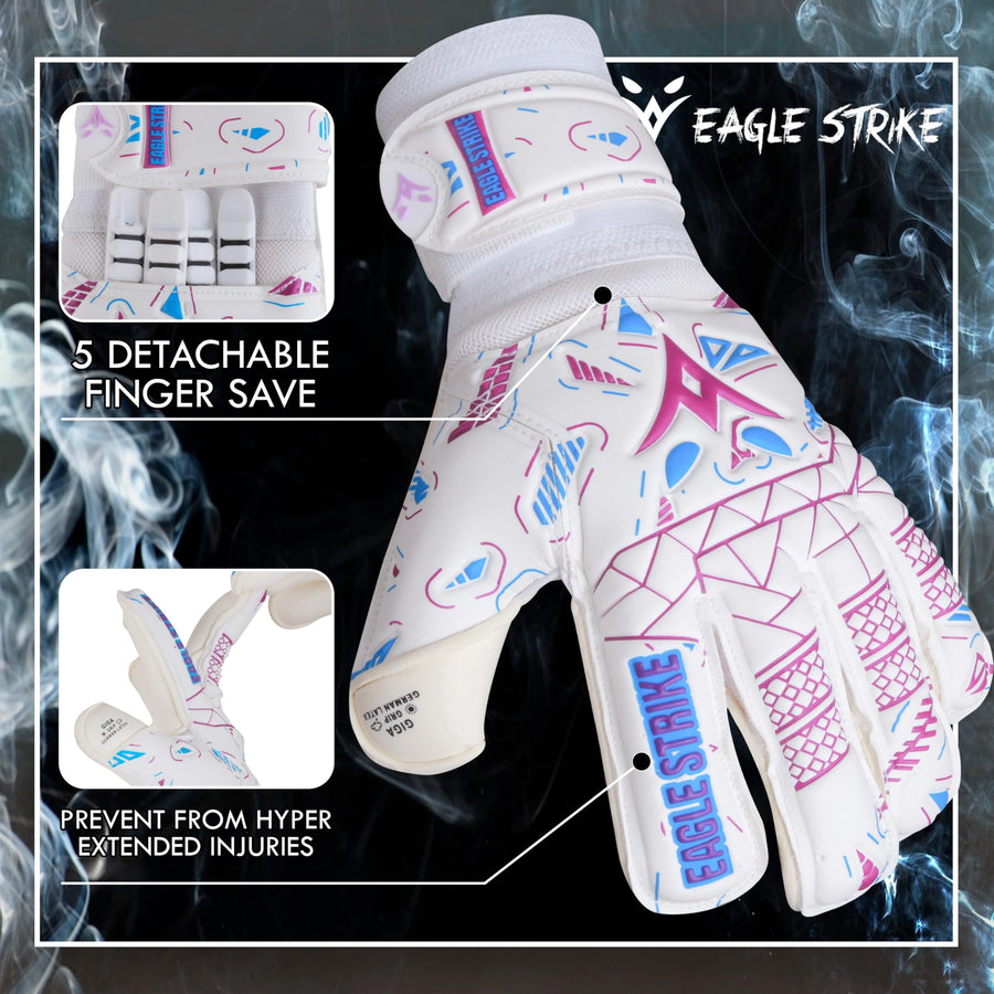 Goalkeeper Gloves – German Latex Grip, Finger Protection (White, Pink & Blue)