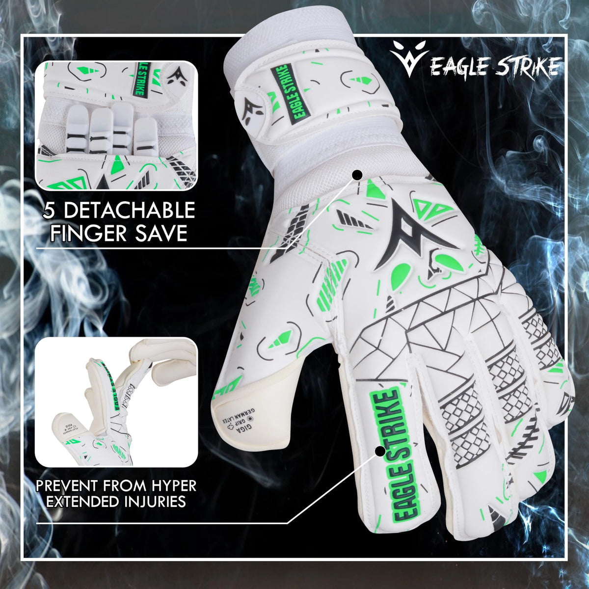 Goalkeeper Gloves – Finger Protection (White, Black & Green)