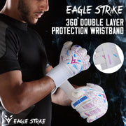 Goalkeeper Gloves – German Latex Grip, Finger Protection (White, Pink & Blue)