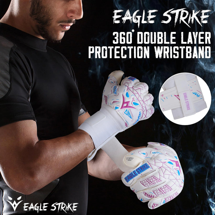 Goalkeeper Gloves – German Latex Grip, Finger Protection (White, Pink & Blue)