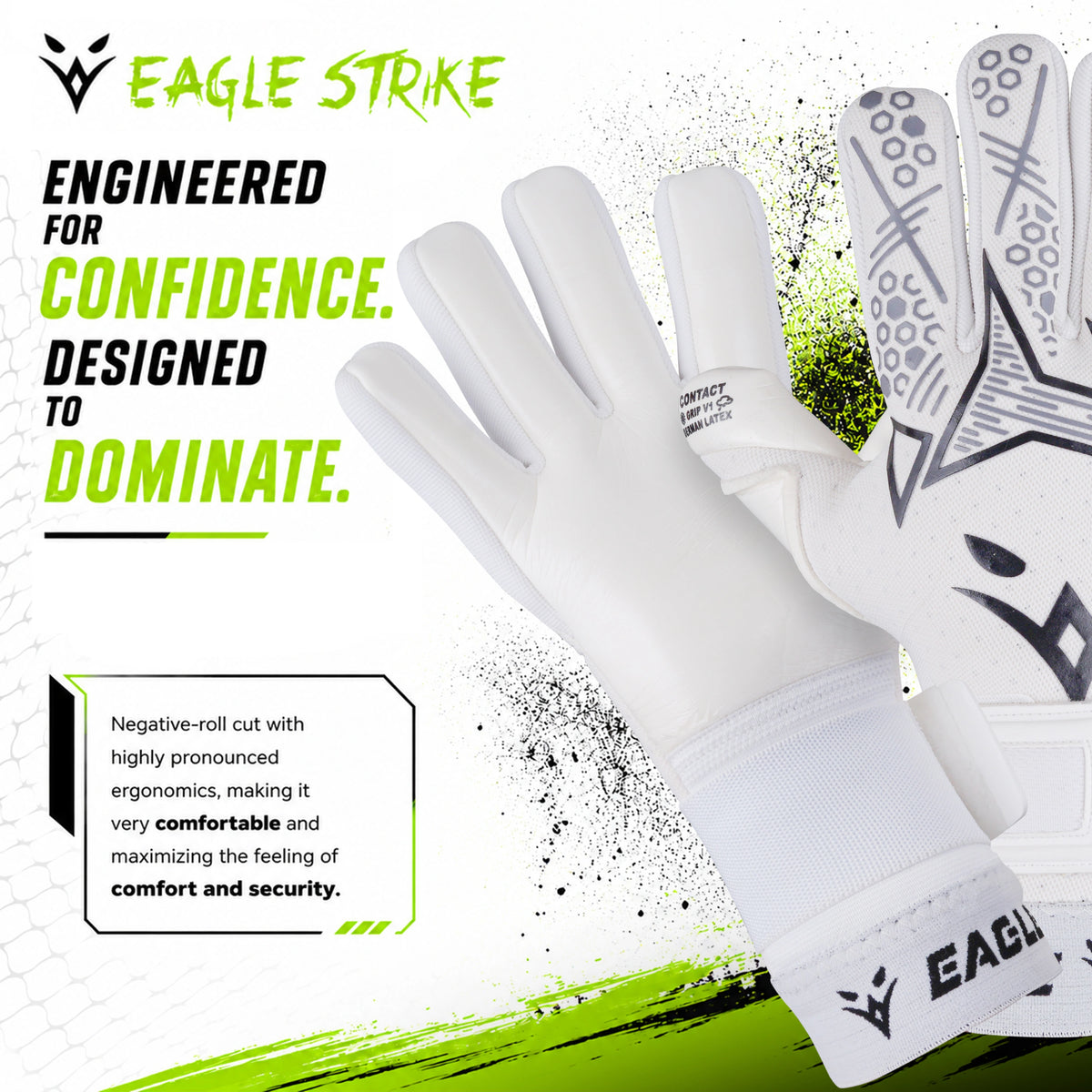 Eagle Strike Goalie Gloves – Negative Cut, German Contact Grip Latex - White