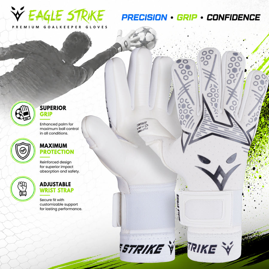 Eagle Strike Goalie Gloves – Negative Cut, German Contact Grip Latex - White
