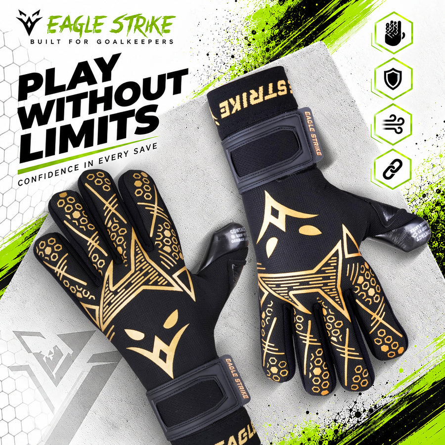Eagle Strike Goallie Gloves – Negative Cut, German Contact Grip Latex - Golden