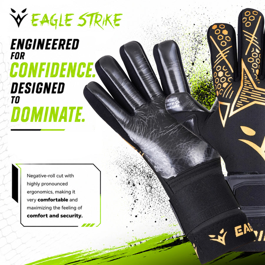 Eagle Strike Goallie Gloves – Negative Cut, German Contact Grip Latex - Golden