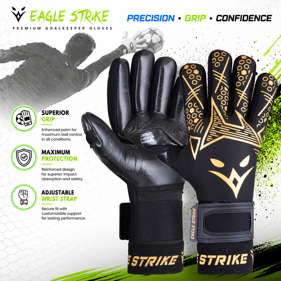 Eagle Strike Goallie Gloves – Negative Cut, German Contact Grip Latex - Golden