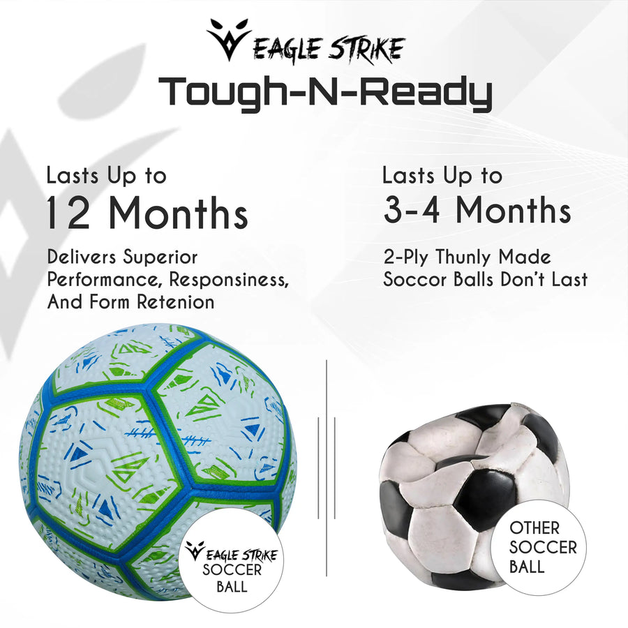 Eagle Strike Blue Green Soccer Ball Inside Goal Net at Night - Professional Match Standard UAE
