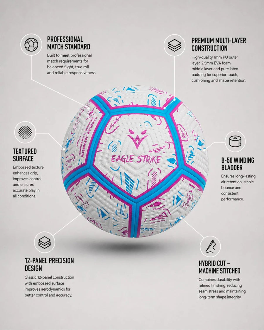 Eagle Strike Blue Purple Soccer Ball Inside Goal Net at Night - Professional Match Standard