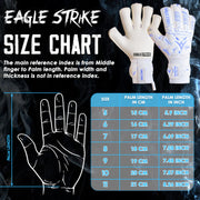 Eagle Strike goalkeeper size chart graphic with a hand outline, two white goalkeeper gloves, and a size table listing palm length in centimeters and inches from size 5 to 11.
