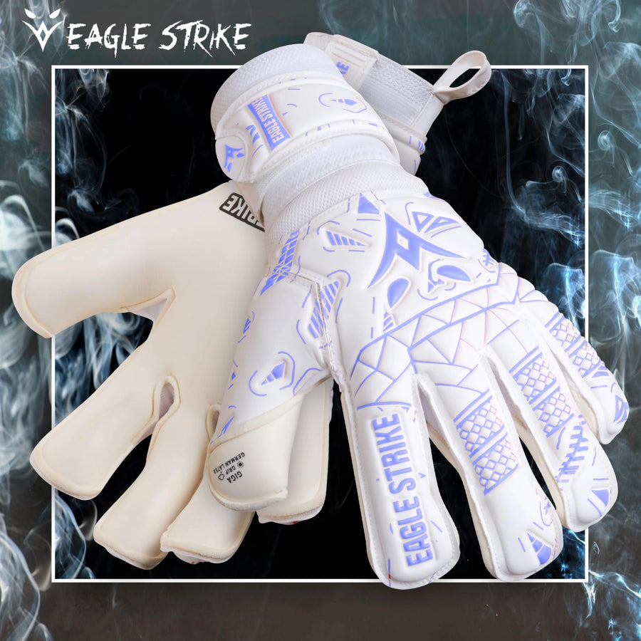 Goalkeeper Gloves – German Latex Grip, Finger Protection (White & Sky Blue)