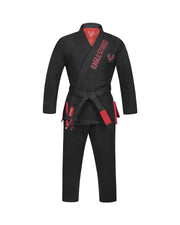 A black Brazilian Jiu-Jitsu gi with red accents, featuring a red inner collar lining, red 'EAGLE STRIKES' branding on the chest, and red-and-black belt tabs, displayed on a solid white background.