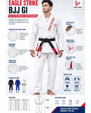 Eagle Strike Premium BJJ Gi – Jiu Jitsu Gi Soft Lightweight Martial Arts Uniform 100% Cotton – Kids & Adults – White