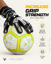 A close-up of a hand wearing an Eagle Strike goalkeeper glove holding a soccer ball, with marketing text and feature icons on a light background. The glove is black and white with visible Eagle Strike branding, and the ball is white with yellow and green paneling.