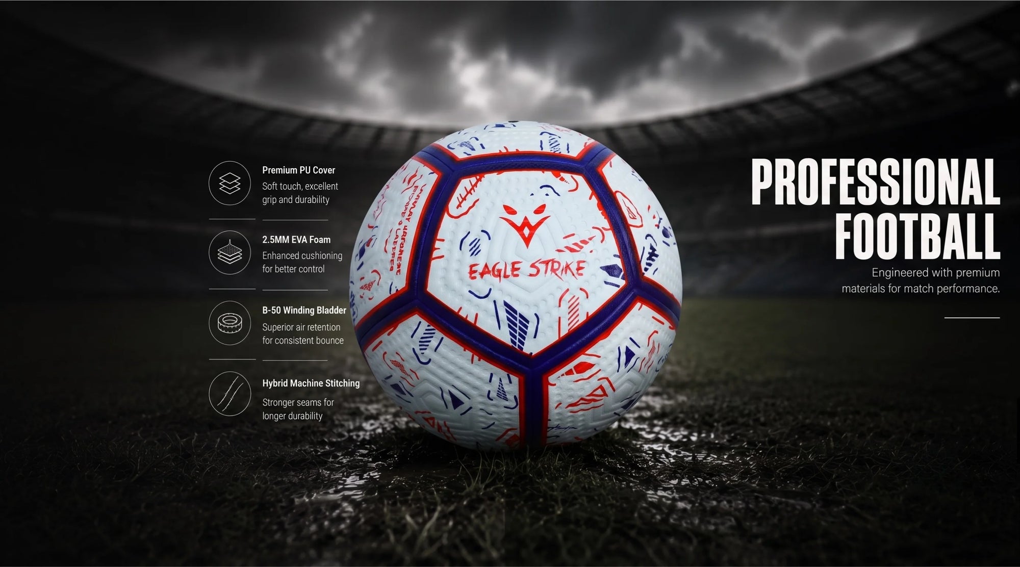 A white professional football with red and blue graphics and 'EAGLE STRIKE' branding, positioned on a dark, moody football field background with stadium lights and promotional text.