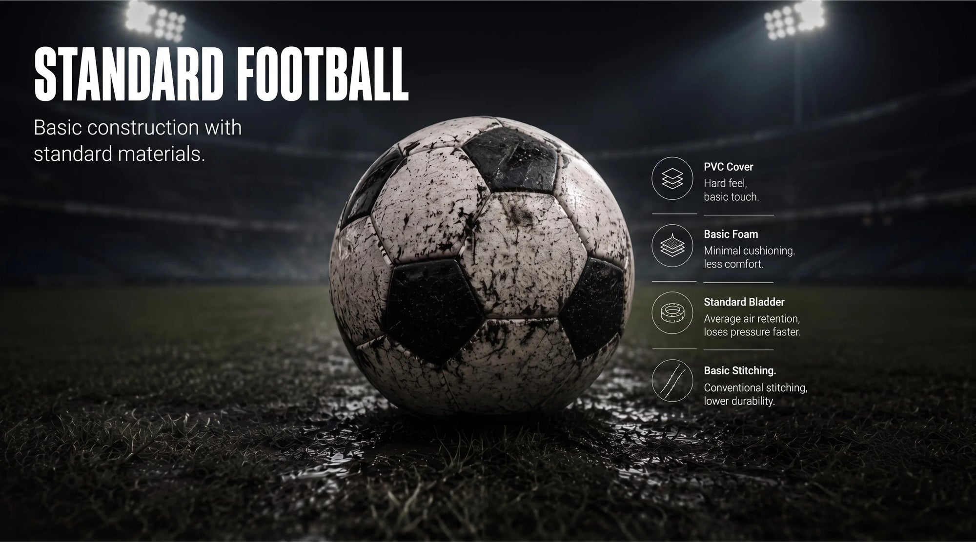 A classic black and white soccer ball sits on a wet grass field under stadium lights, with text reading 'STANDARD FOOTBALL' and feature callouts on the right.